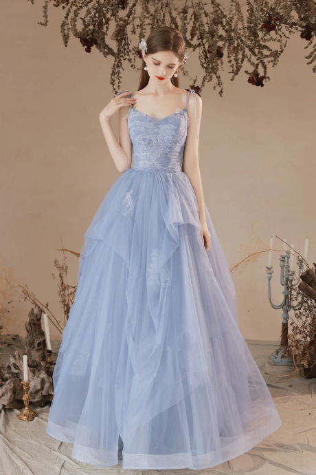 Blue Straps Long Formal Dress, Blue A-line Prom Dress with Lace 