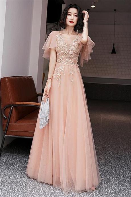 Pink Long A-line Tulle with Lace Party Dress, Cute Pink Floor Length Prom Dress