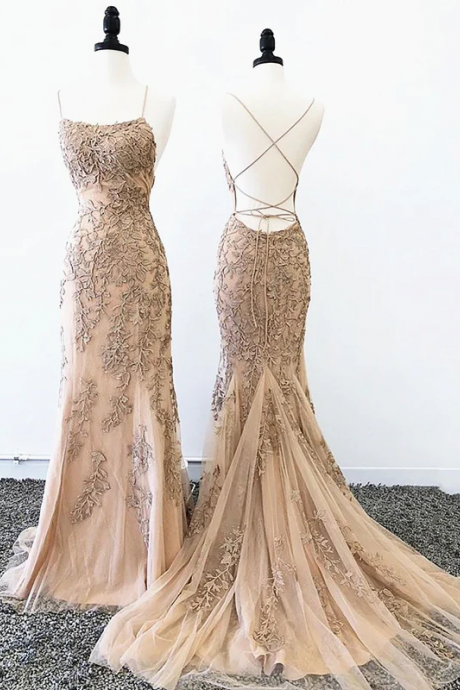 Mermaid Champagne Lace Prom Dresses, Champagne Backless Mermaid Lace Formal Evening Dresses