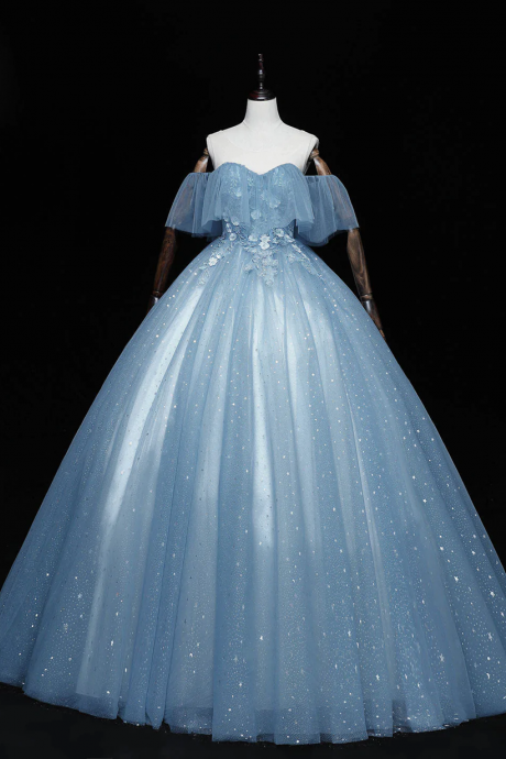 Blue Ball Gown Tulle Off Shoulder Party Dress, Blue Formal Dress Prom Dress