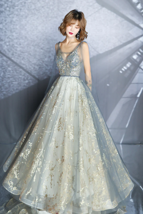 Blue Tulle Long Party Dress Formal Dress, A-line Lace Applique Prom Dress