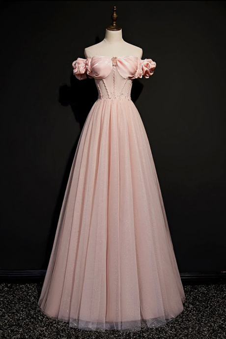 Pink Sweetheart Tulle Party Dress, A-line Pink Long Evening Party Dress