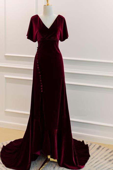Burgundy Velvet Long Wedding Party Dress, A-line Velvet Formal Dress