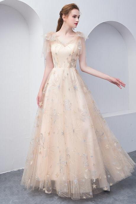 Champagne Floral Tulle Long Party Dress, A-line Tulle New Prom Dress