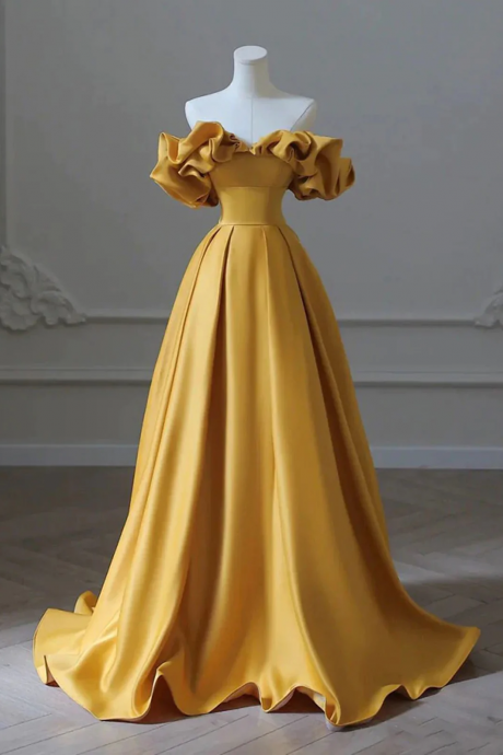 Gold Satin Off Shoulder Long Simple Party Dress, A-line Gold Long Formal Dress
