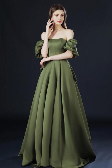 Green Satin Long Short Sleeves Low Back Party Dress, A-line Green Evening Dress