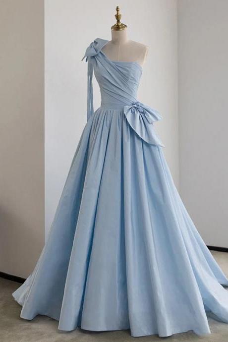Blue Satin One Shoulder Long Party Dress with Bow, Blue Wedding Party Dress