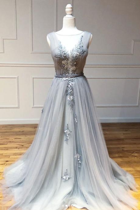 Grey Tulle with Flower Lace Long Party Dress, A-line Grey Prom Dress