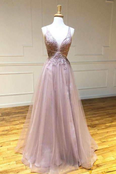 Pink Tulle V-neckline Party Dress with Lace, Pink Tulle Prom Dress