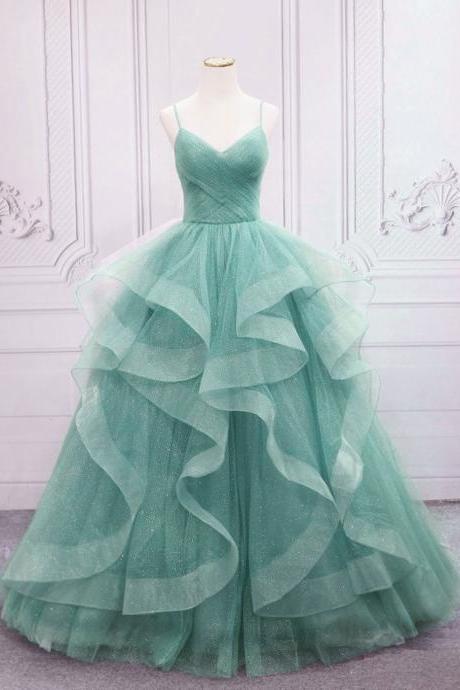 Green A-line V Neck Tulle Long Prom Dress, Green Straps Sweet 16 Dress