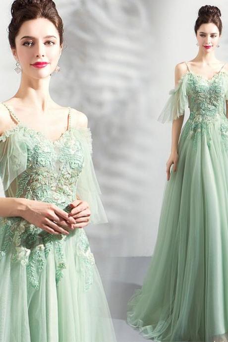 Green Tulle with Flower Lace V-neckline Lace-up Party Dress, Green Evening Dress Prom Dress