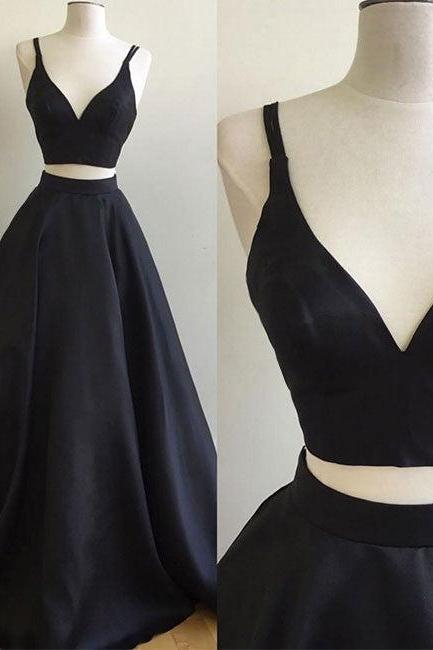 Black Satin Two Piece Formal Dress, Black Prom Dress 