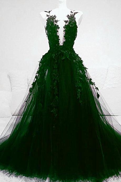  Green Tulle With Lace Deep Neckline Backless Prom Dress, Dark Green Party Dress