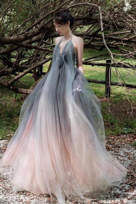 Grey and Pink Graident V-neckline Backless Party Dress, V-neckline Tulle Prom Dress
