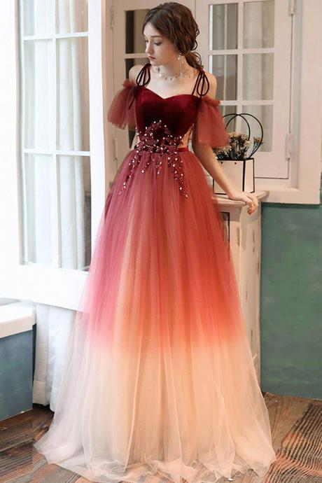 Gradient Tulle Long Prom Dress, Lovely Spaghetti Strap Evening Dress
