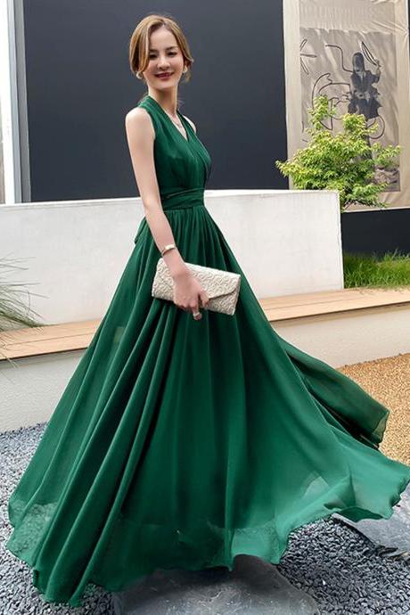 Green Chiffon Simple Bridesmaid Dress, A-line Floor Length Prom Dress