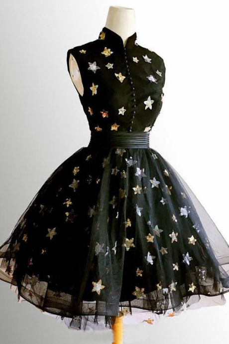 Black High Neckline Short Tulle Prom Dress, Black Homecoming Dress Formal Dress
