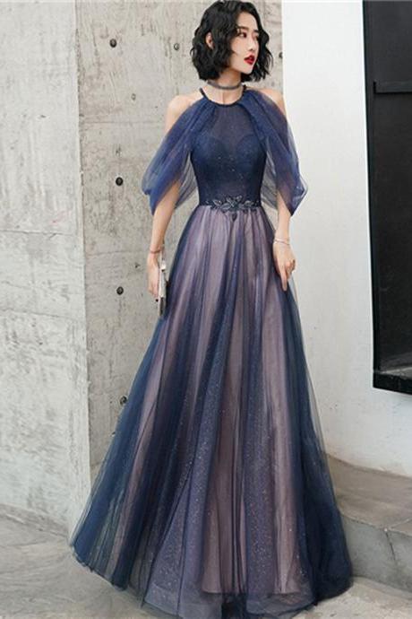 A-Line Blue Tulle Sequin Long Prom Dress, Halter Blue Evening Dress Party Dress