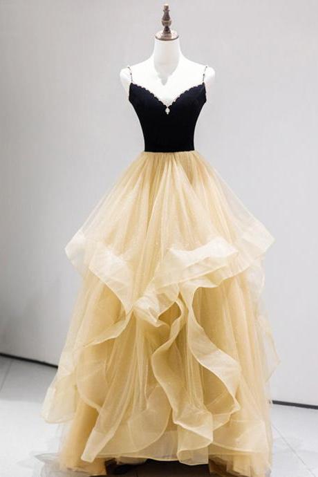 Champagne and Black Straps Tulle Long Party Dress, A-line Champagne Prom Dress