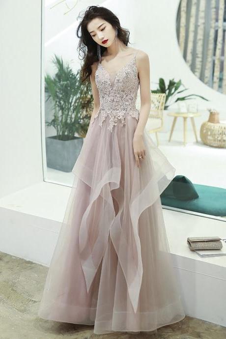 Pink Tulle with Lace Straps Long Party Dress, Pink Tulle Prom Dress 