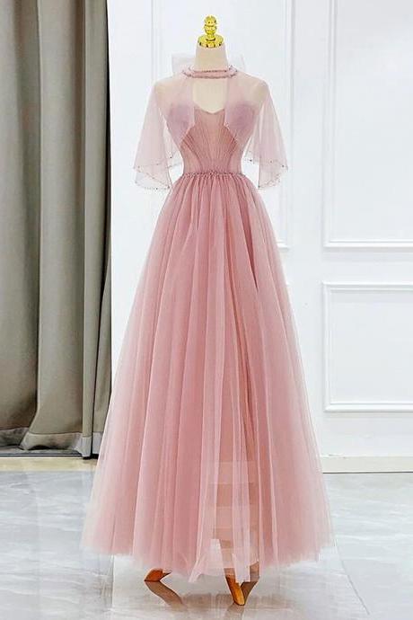 Pink A-line Tulle Beaded Long Prom Dress, Pink Formal Dress Party Dress