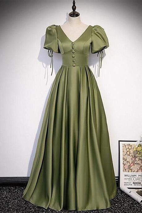 Green Satin Long A-line Short Sleeves Prom Dress, Satin Party Dress