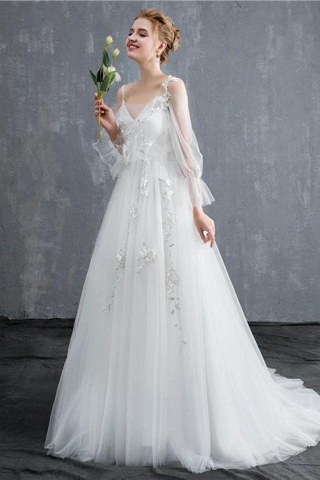 White Tulle Simple Wedding Party Dress with Lace Applique, White Formal Dress