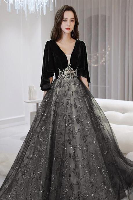 Black Floor Length V-neckline Long Prom Dress, A-line Black Formal Dress