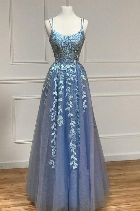 Blue A-line Lace Prom Dress, Open Back Blue Lace Formal Party Dress
