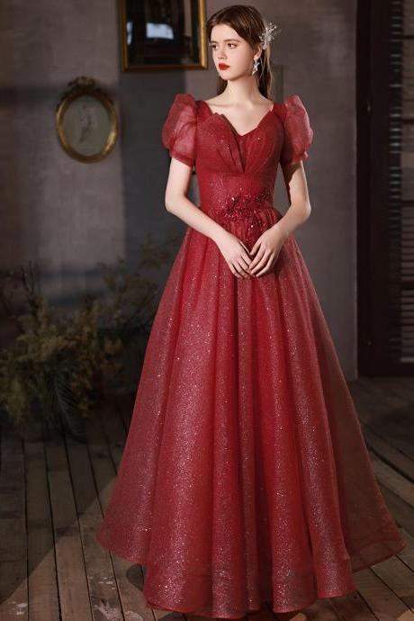 Wine Red Tulle Long Formal Dress, A-line Wine Red Evening Dress