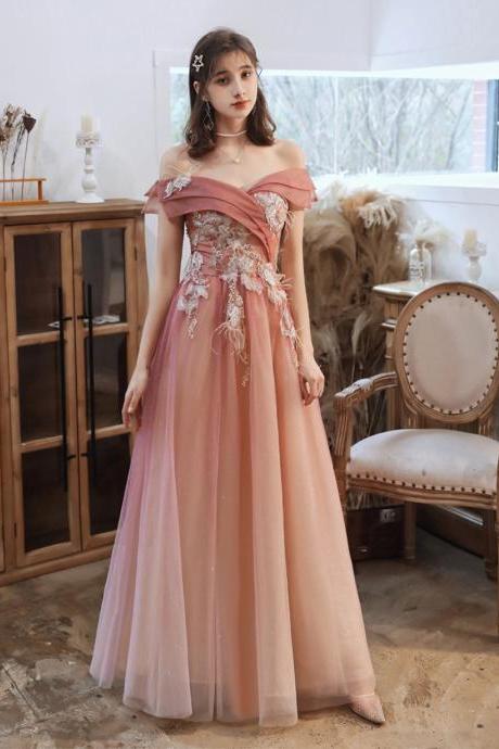Pink Gradient Off Shoulder Sweetheart with Lace Party Dress, Pink Long Prom Dress