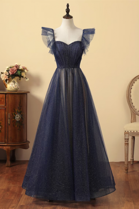 Navy Blue Tulle Long Party Dress, A-line Tulle Formal Dress