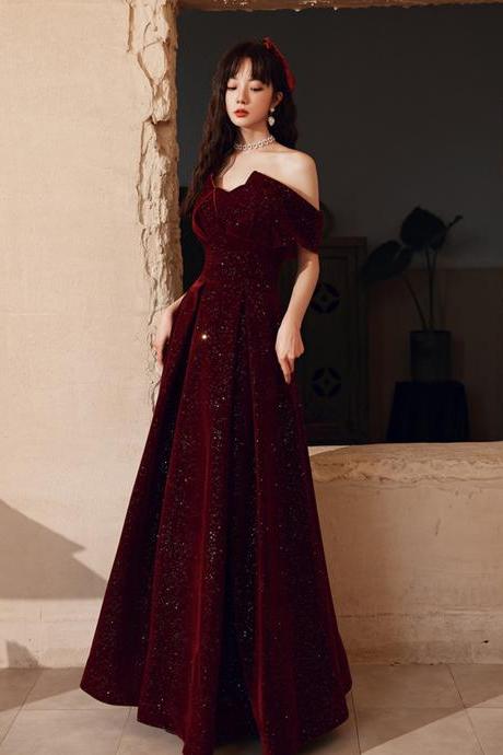 Burgundy Velvet Floor Length Party Dress, A-line Formal Dress Wine Red Prom Dress
