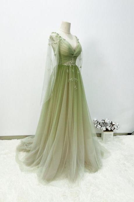 A-line Gradient Green Prom Gown, Soft Glitter Tulle Party Dress