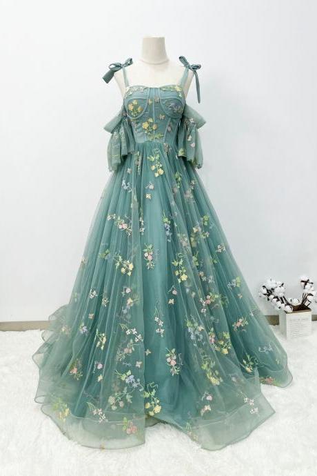 Blue A-line Lace Ball Gown Floral Lace Prom Dress, Blue Tulle Off Shoulder Evening Dress
