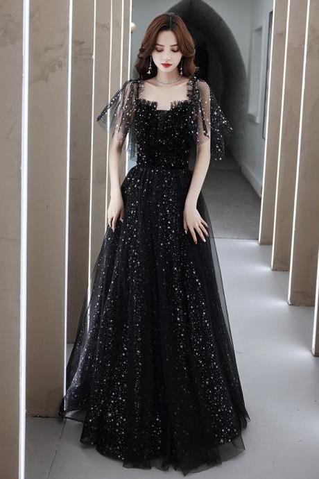 Cute A-line Black Off Shoulder Tulle Long Prom Dress, Black Party Dress