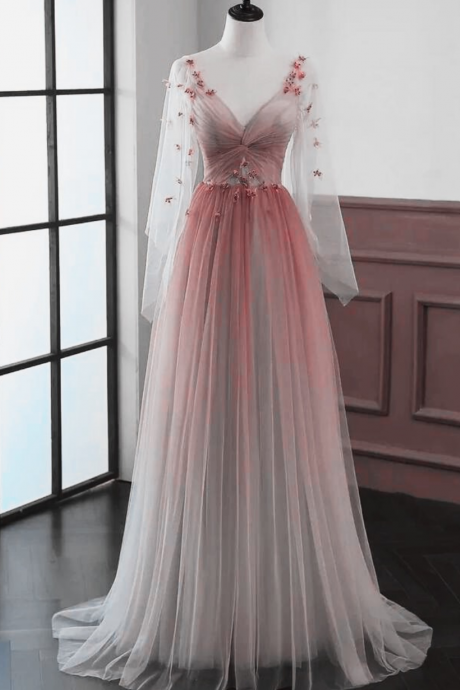  Gradient A-Line Tulle Long Sleeves Party Dress, Gradient Prom Dress