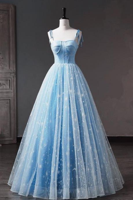 Blue Tulle Floral Straps Long Formal Dress, Blue Sweet 16 Dresses