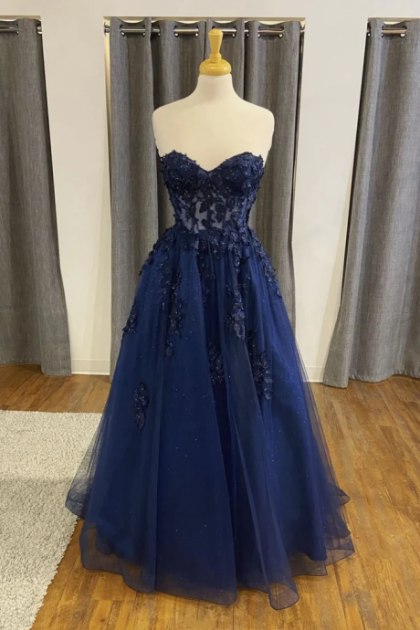 Navy Blue Tulle Sweetheart Long Party Dress, A-line Tulle Formal Dress