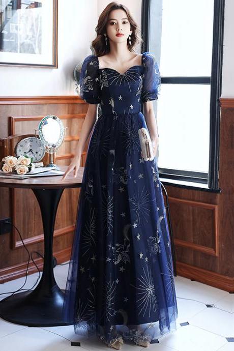 Navy Blue Tulle Long Prom Dress, Simple Blue Formal Dress