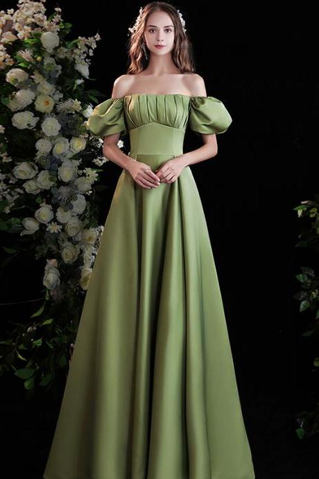 Green Satin Long Simple Party Dress, A-line Green Short Sleeves Prom Dress