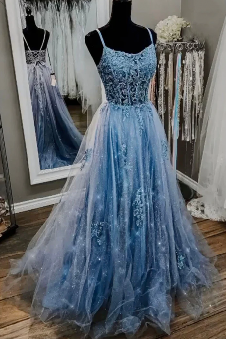 A-line Spaghetti Straps Blue Lace Prom Dresses, Blue Lace Long Formal Dress