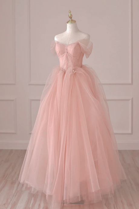 Pink Tulle Off Shoulder Lace and Beaded Prom Dress, Pink Formal Dress