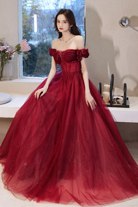 Wine Red Tulle Prom Dress, A-line Long Formal Dress