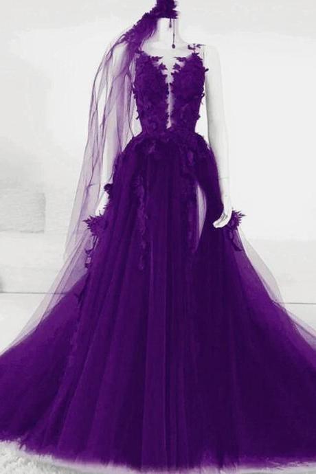 Purple Tulle with Lace Long Formal Dress, A-line Wedding Party Dress