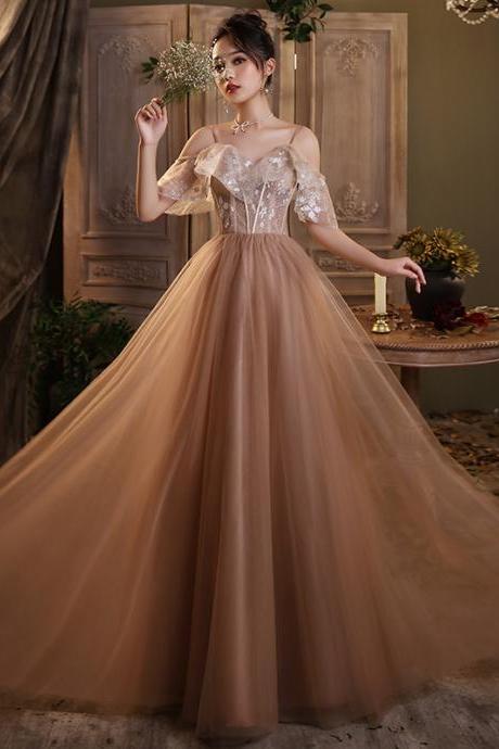 Champagne Sweetheart Tulle with Lace Long Party Dress, Off Shoulder Formal Dress Prom Dress