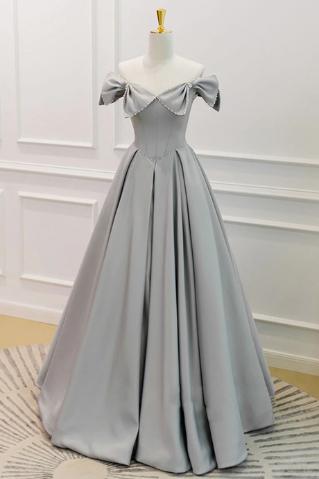 Grey Satin Sweetheart Long Prom Dress, A-line Grey Beaded Formal Dress