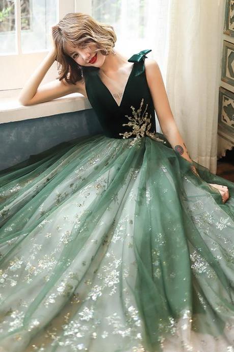 Green Velvet and Tulle V-neckline Prom Dress, A-line Tulle Formal Dress