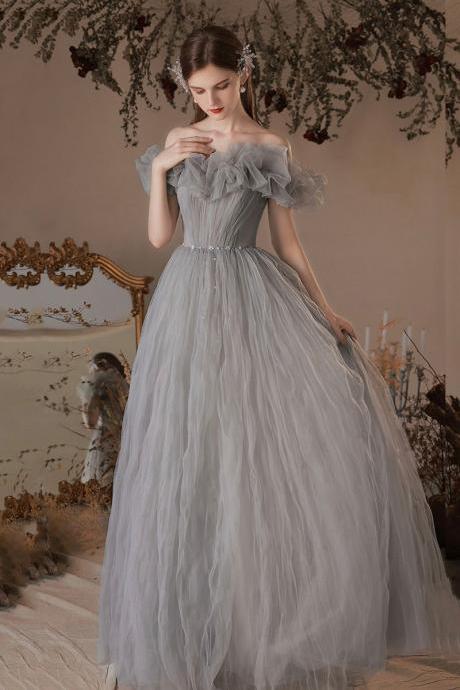 Off Shoulder Beaded Greya-line Prom Dress, Grey Long Formal Dress