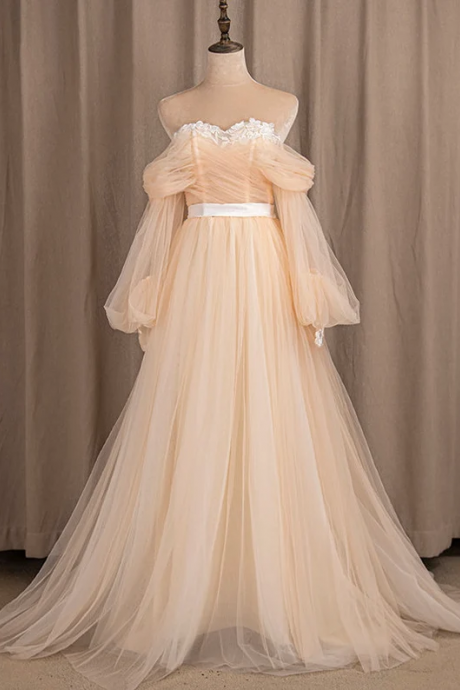 Fairy off Shoulder Champagne Tulle Puffy Sleeves Long Party Dress, A-line Prom Dress